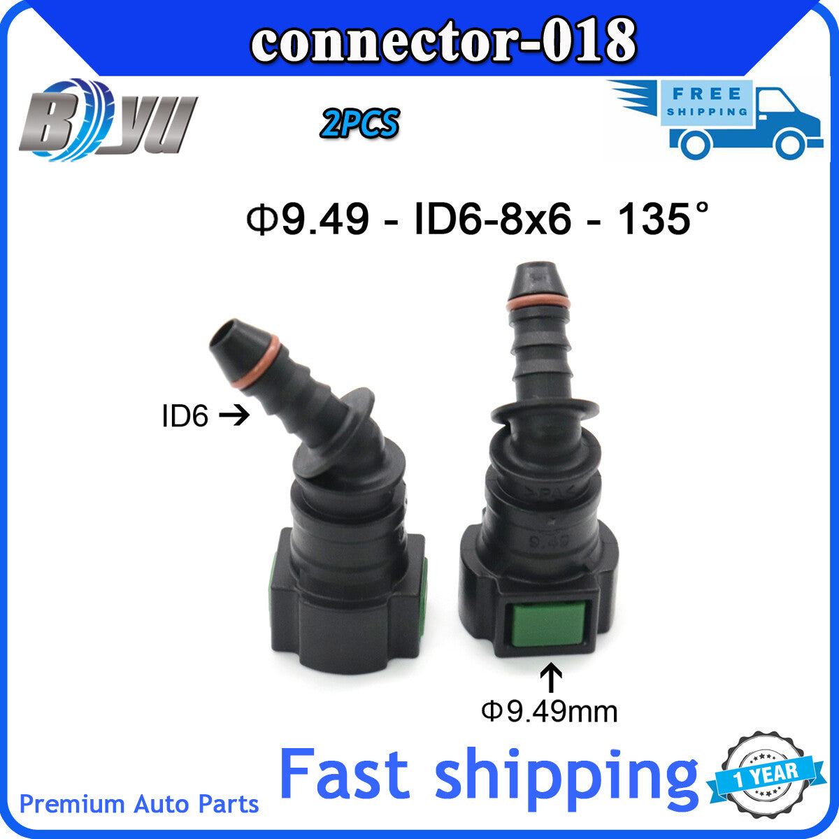 Female gasoline connector, fuel line lock fitting, 9.49 mm, ID6, 8x6, 135 degrees. Q