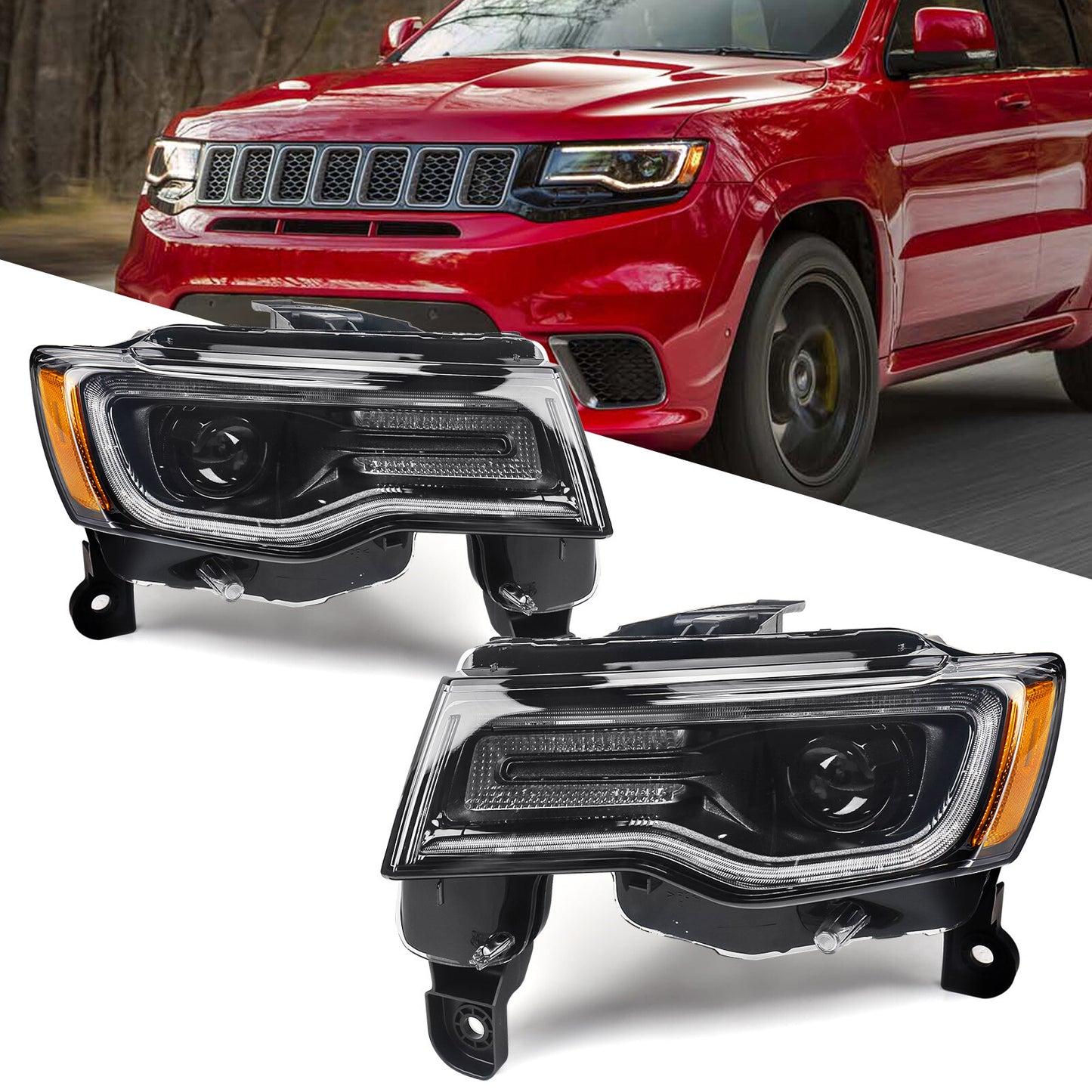 2P For 2017-2021 for Jeep Grand Cherokee Factory HID/Xenon Headlights LED DRL Black