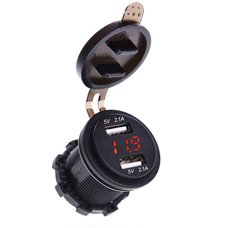 Waterproof Car Charger Dual USB Socket Adapter Charging With Red LED Voltmeter