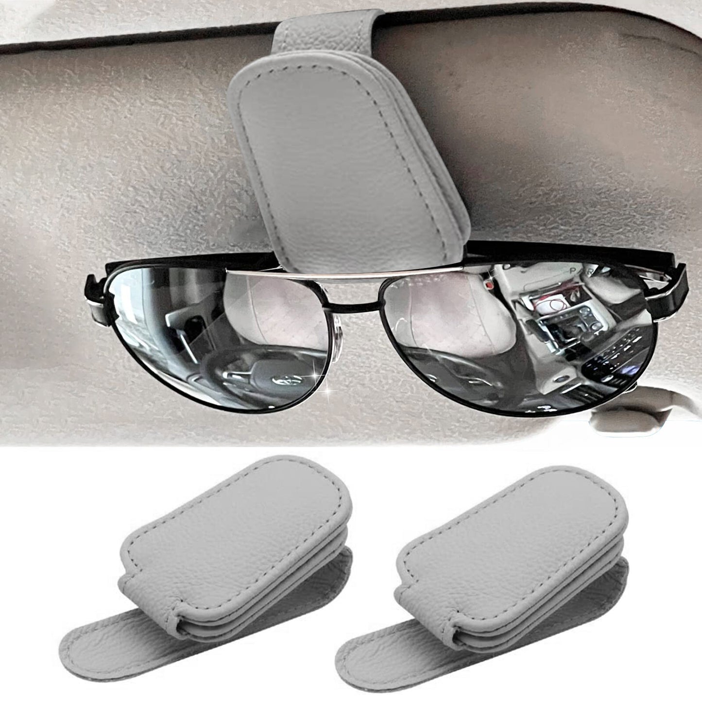 2-Piece Gray Universal Magnetic Leather Car SUV Sunglasses Holder Clip n