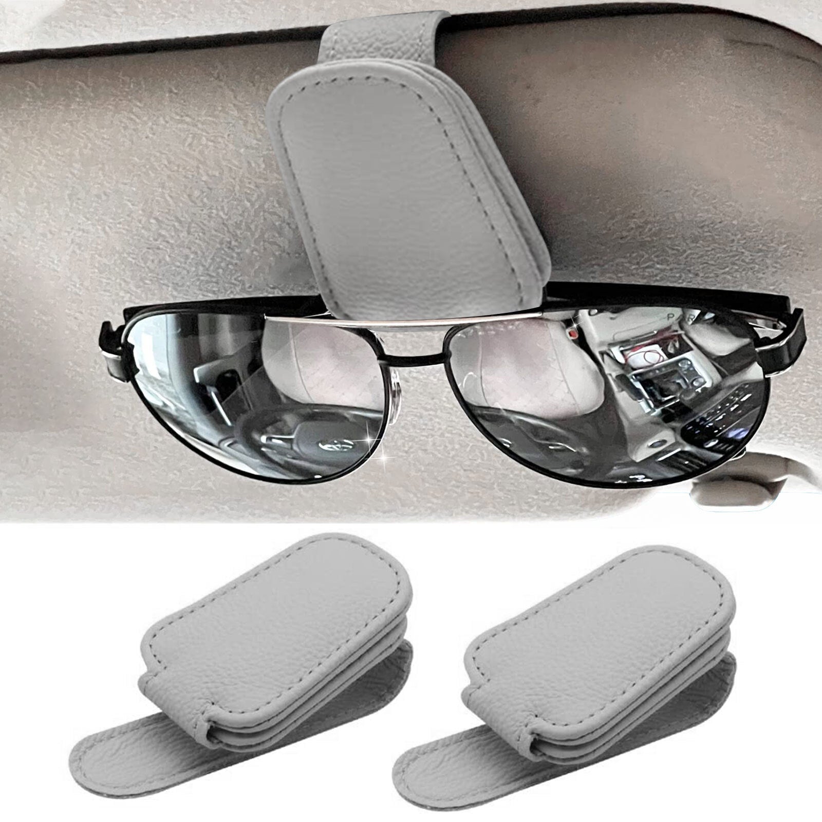 2-Piece Gray Universal Magnetic Leather Car SUV Sunglasses Holder Clip n