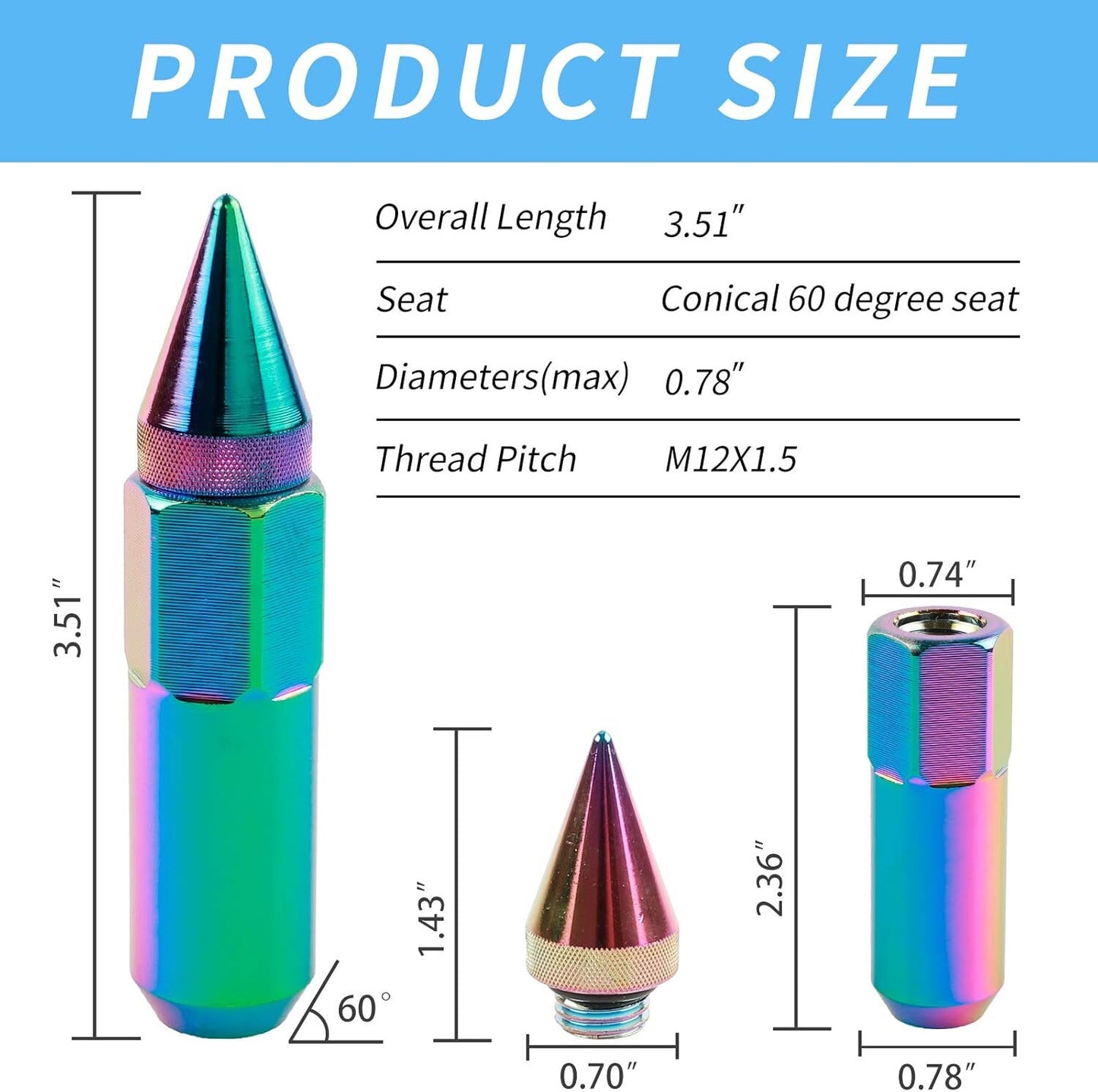 20Pcs M12X1.5 Spiked Nuts for Rims Aluminum Extended Lug Nuts 60MM Colorful