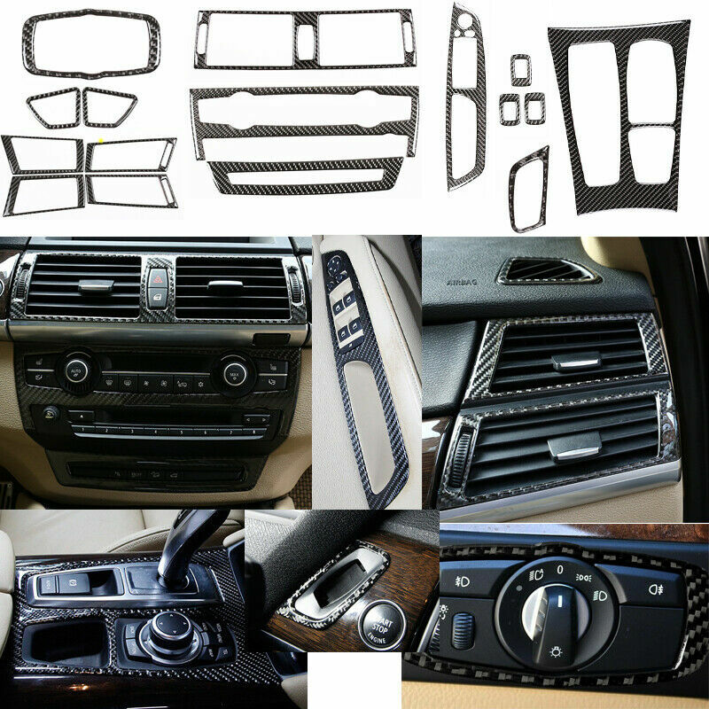 16PCS Carbon Fiber Interior Trim Cover Trim Fit for BMW X5 E70 X6 E71 2008-13