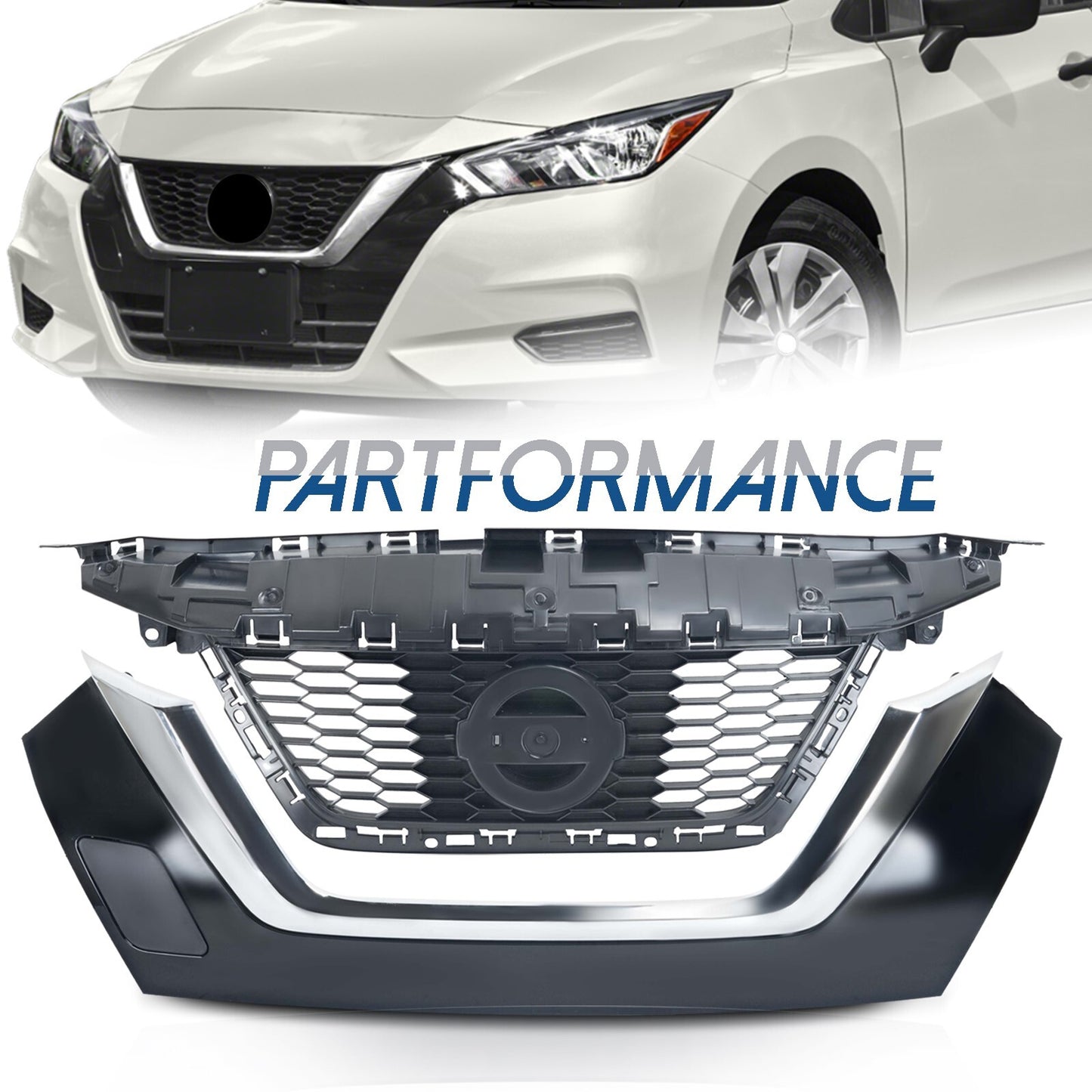 for Versa S Sedan 2020 - 2023 Front Upper Grille with for CHRome Lower Trim 2 pcs - v