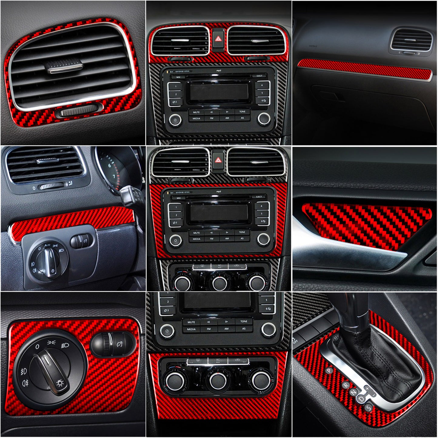 13¡ÁRed Carbon Fiber Dashboar Interior Set Kit Trim for VW for Golf 6 MK6 GTI 2008-12