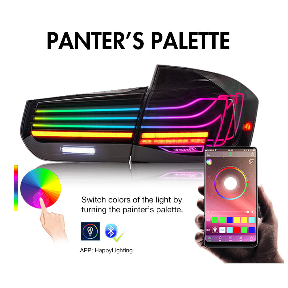 RGB LED taillights compatible with for BMW 3 Series F30, F80, 318i, 320i, and 328i (2013-2018).