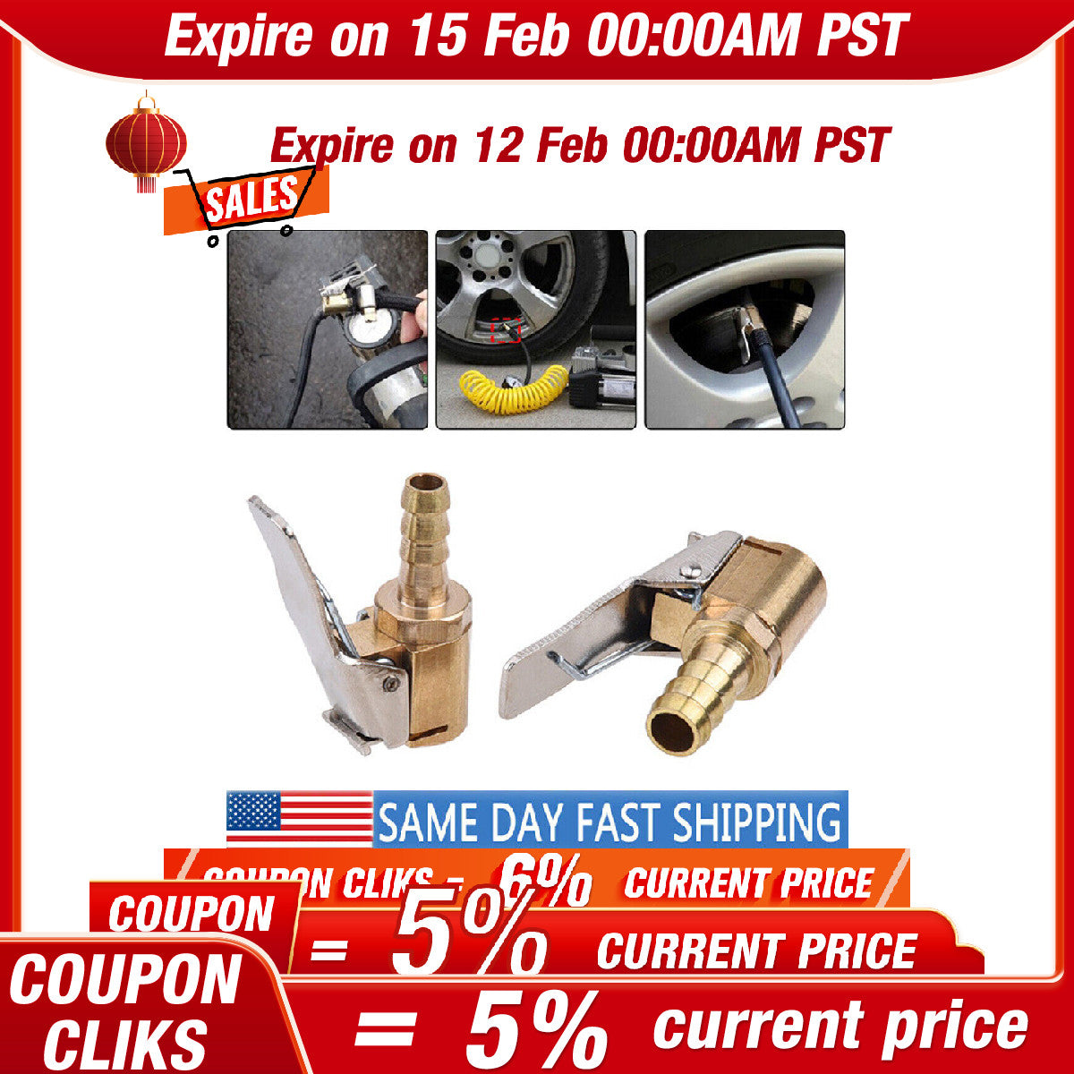 2x Car Tyre Wheel Tire Air Chuck Inflator Pump Valve Clip Connector Brass 8mm U