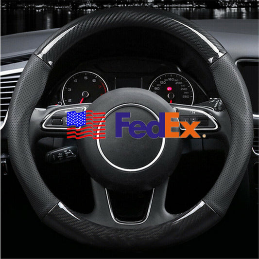 Carbon Fiber Look 38cm Leather Car Steering Wheel Cover Nonslip Protector Pad x1 Q