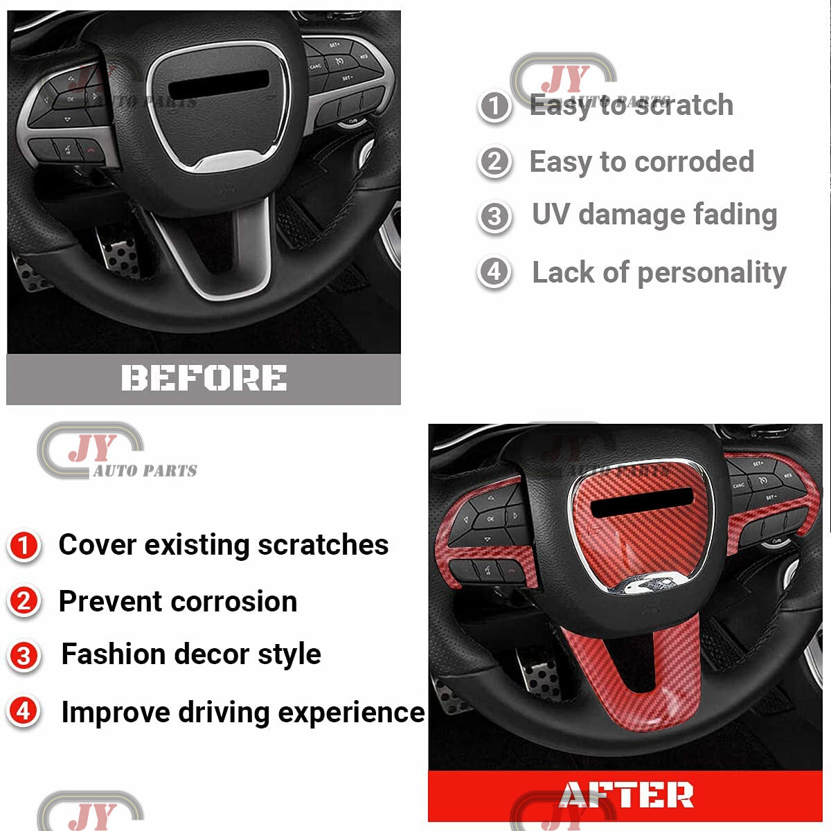4-Piece for Dodge for Challenger Charger Carbon Fiber Steering Wheel Molded Cover Trim - n