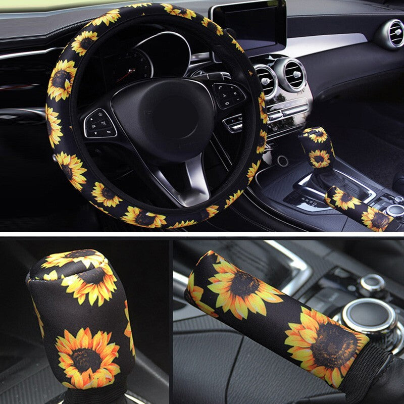 3PCS Car Steering Wheel + Handbrake + Gearshift Cover Sunflower Print