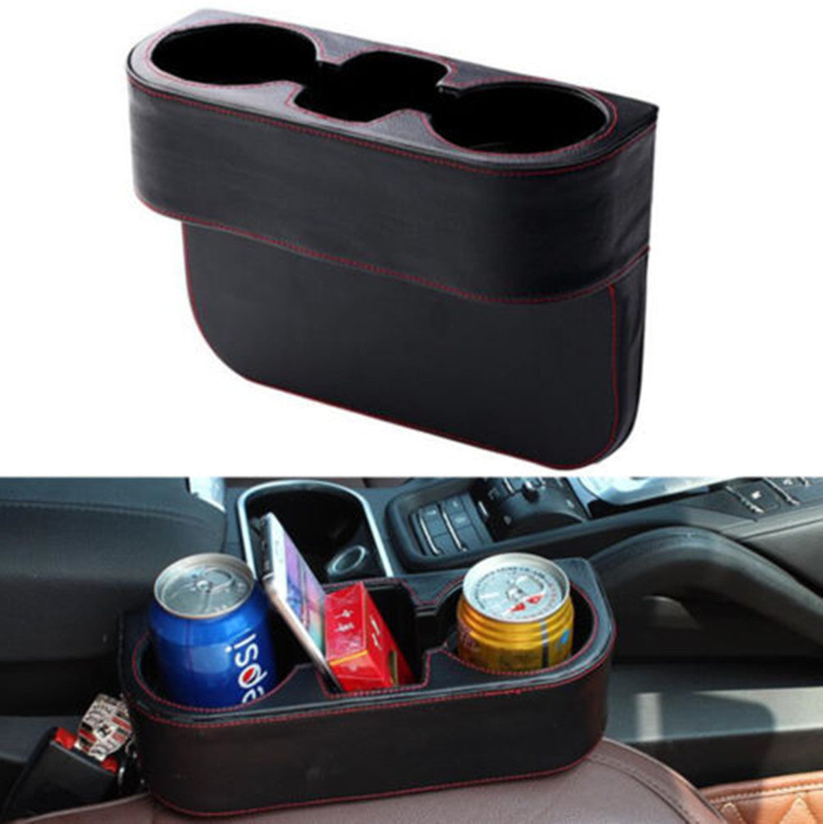 Car for Seat Seam Cup Holder Food Drink Bottle Mount Storage Organizer Black Leather Q