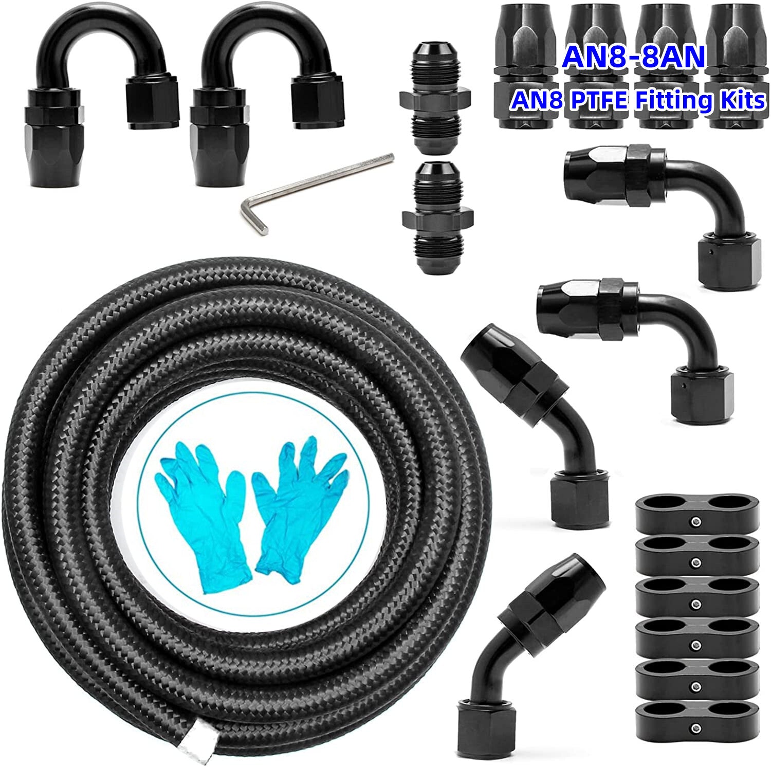 8AN AN8 Black 20ft Nylon Braided PTFE Fuel Line 10 Adapter Fittings Hoses for E85