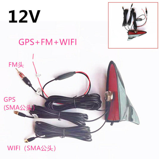 Aerials GPS navigation system with WIFI+ receiver and FM radio amplifier mounted on the roof fin antenna. n