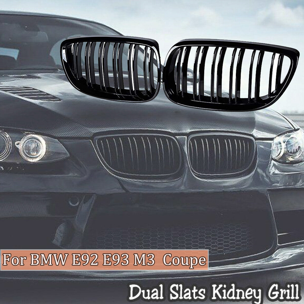 The front kidney grille is suitable for BMW E92, E93, M3 328i, 335i Coupe, 2007-10, gloss black.
