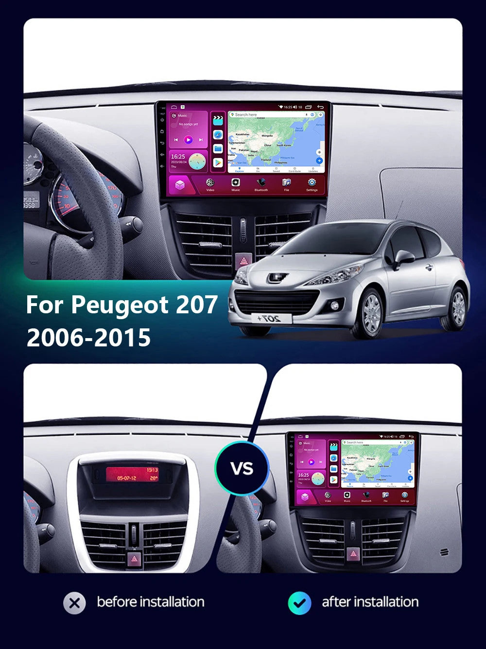 for Peugeot 207 2006-2015 Android CarPlay Car Radio GPS Multimedia Stereo Screen