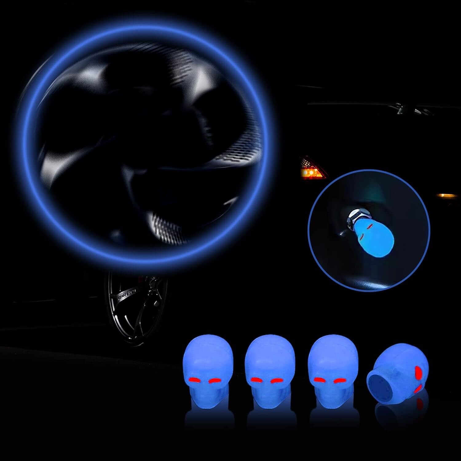 4Pcs Skull Wheel Tire Caps Air Valve Stem Cover Universal Luminous Blue Q
