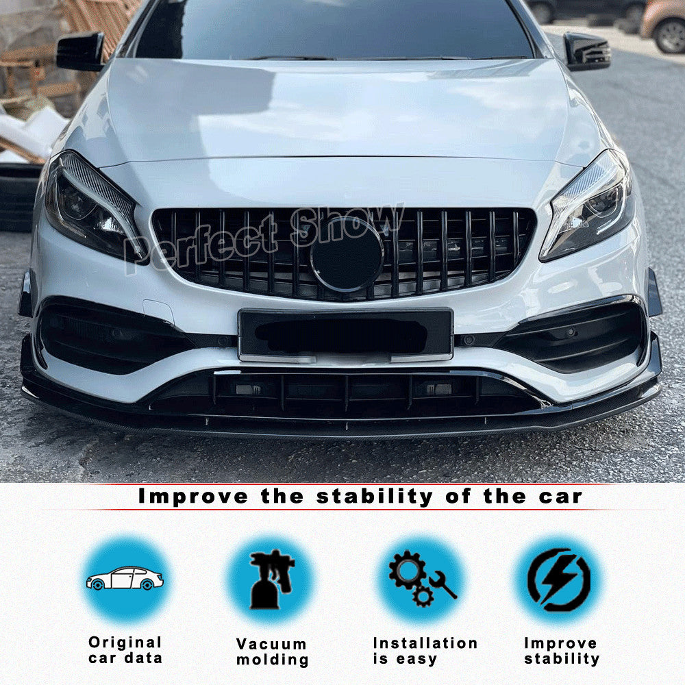 for Benz W176 A250 A45AMG Gloss Black Front Bumper Splitter Spoiler Fins 2016-18