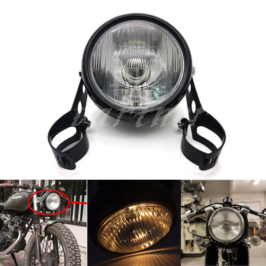 Motorcycle Black Metal Retro Front Headlight+Mount For GN125 Cafe Racer Bobber Q