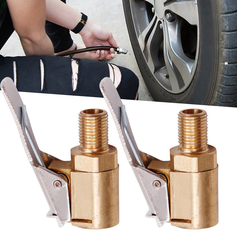 2x Tyre Valve Air Chuck Inflator Pump Connector Adapter Brass Clip on Car Set