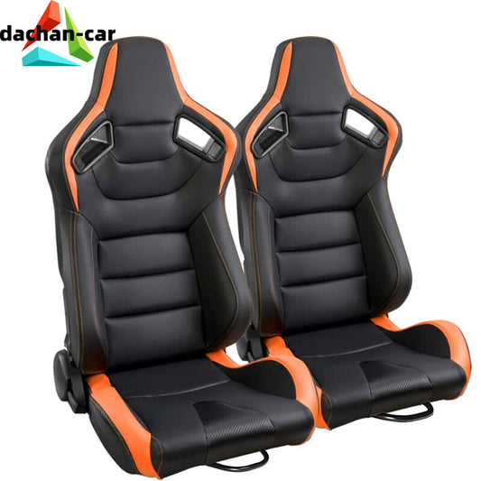 Set of 2 Reclinable PU Leather Racing Seats Black+Orange Stitching Bucket Seats v