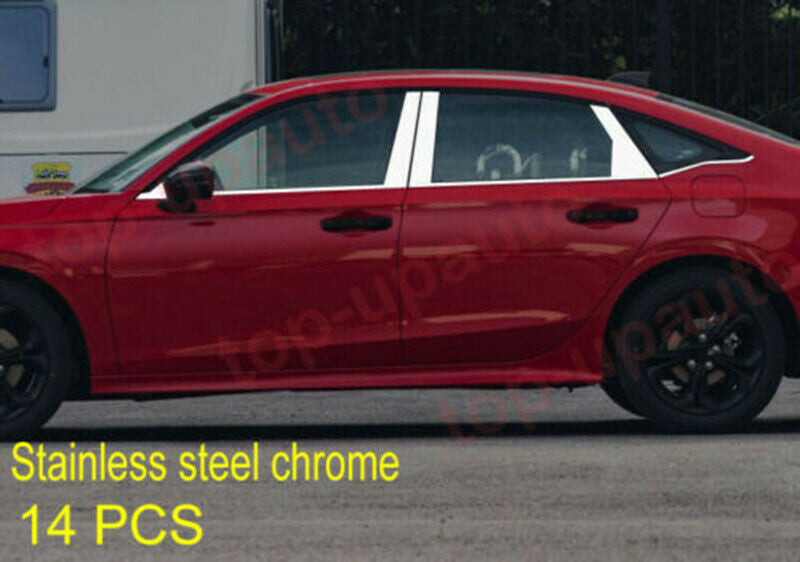 14P for Honda for Civic 2022-2023 Chrome Side Window Strips+Pillar Panel Cover Trims