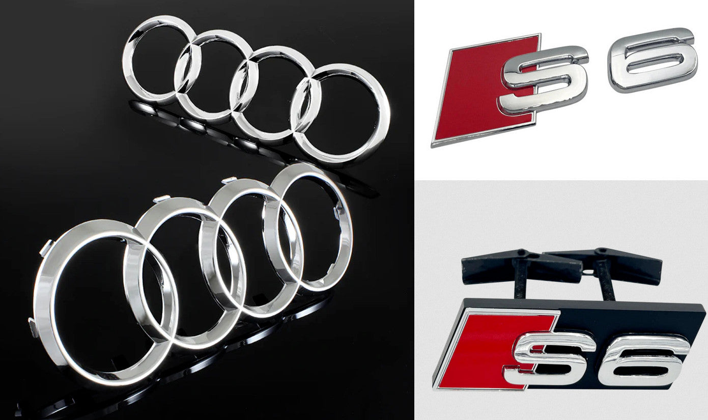 Chrome decals for Audi S6 car cover, rear ring, front grille badge, boots, and decals.