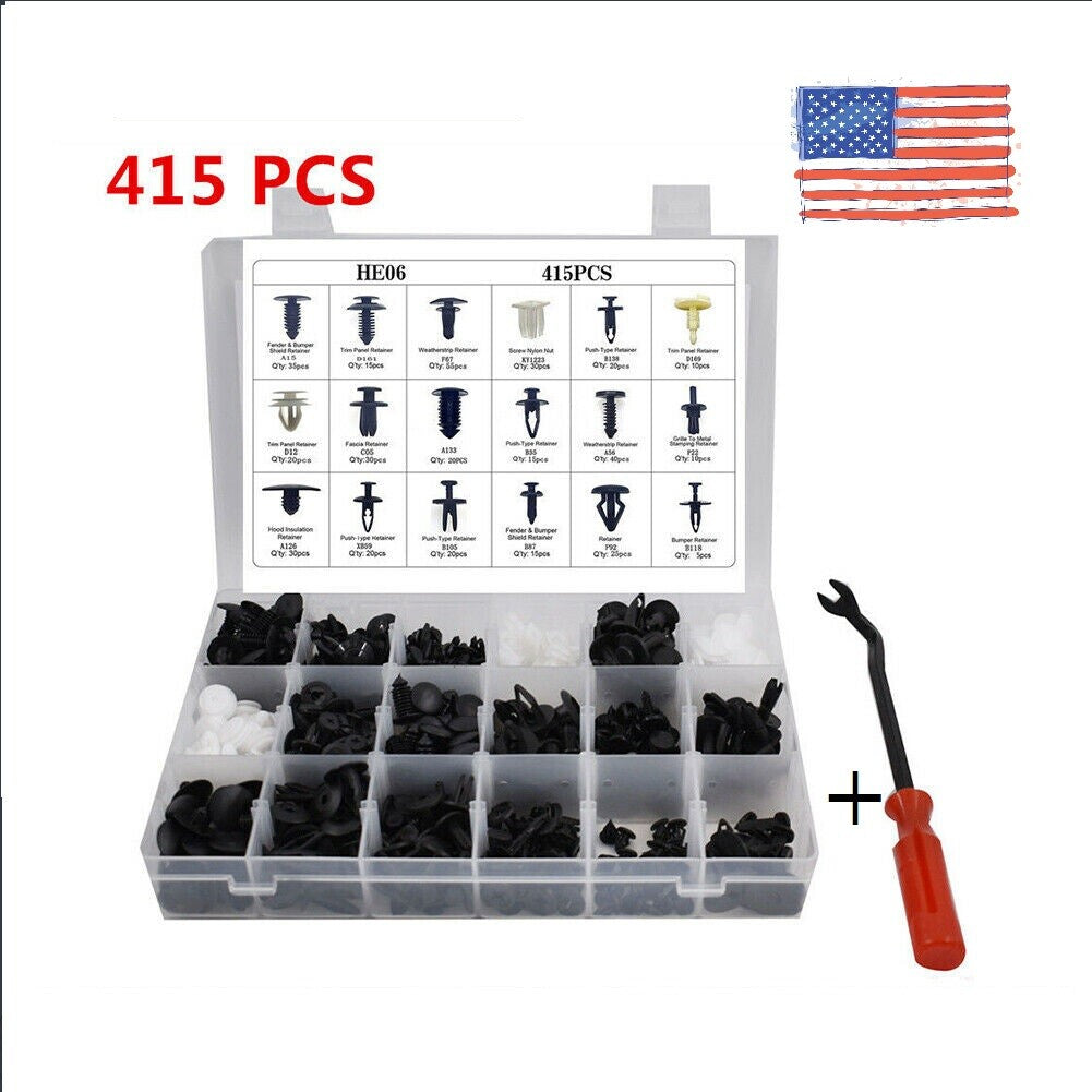 415PCS Plastic Rivets Fastener Fender Bumper Trim Push Pin Clips Free Remover