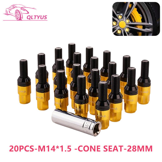 20PCS 28mm M14x1.5 Wheel Lug Bolts Cone for Seat Studs Set for Most Aftermarket Gold
