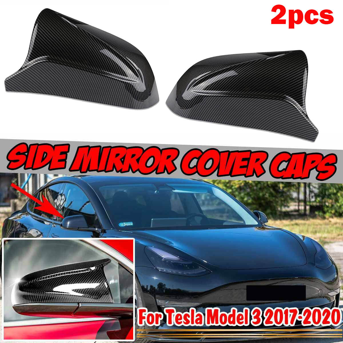 Two carbon fiber side mirror covers for Tesla Model 3 (17-20)