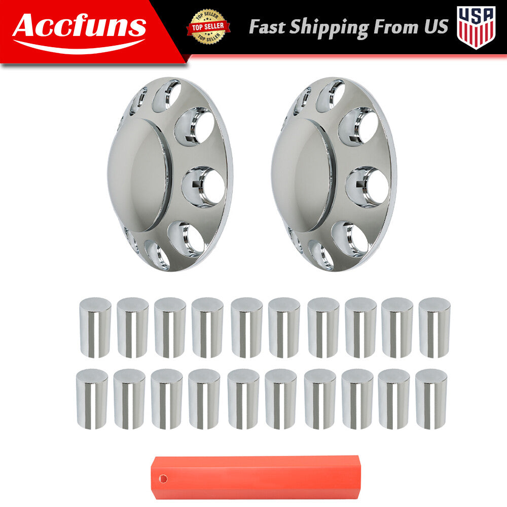 2-piece set of chrome-plated front axle wheel covers with hub caps and 33mm lug nuts for semi-trucks. n