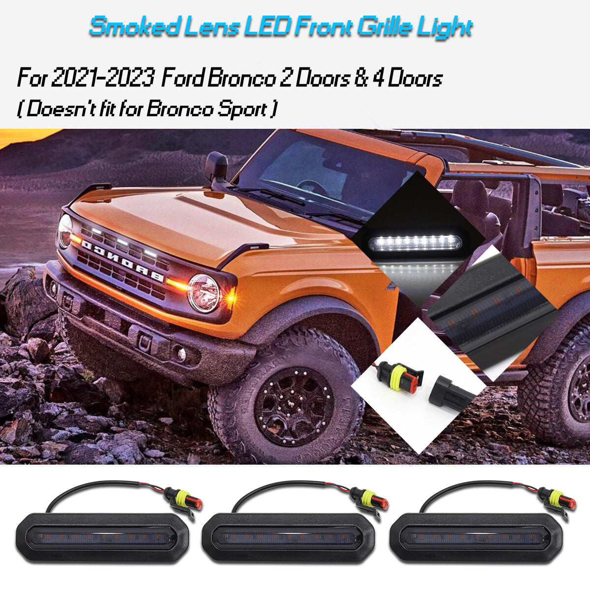 for for Mustang 21 - 23 Smoked White Front Grille Light LED 3 Pieces Decoration - v
