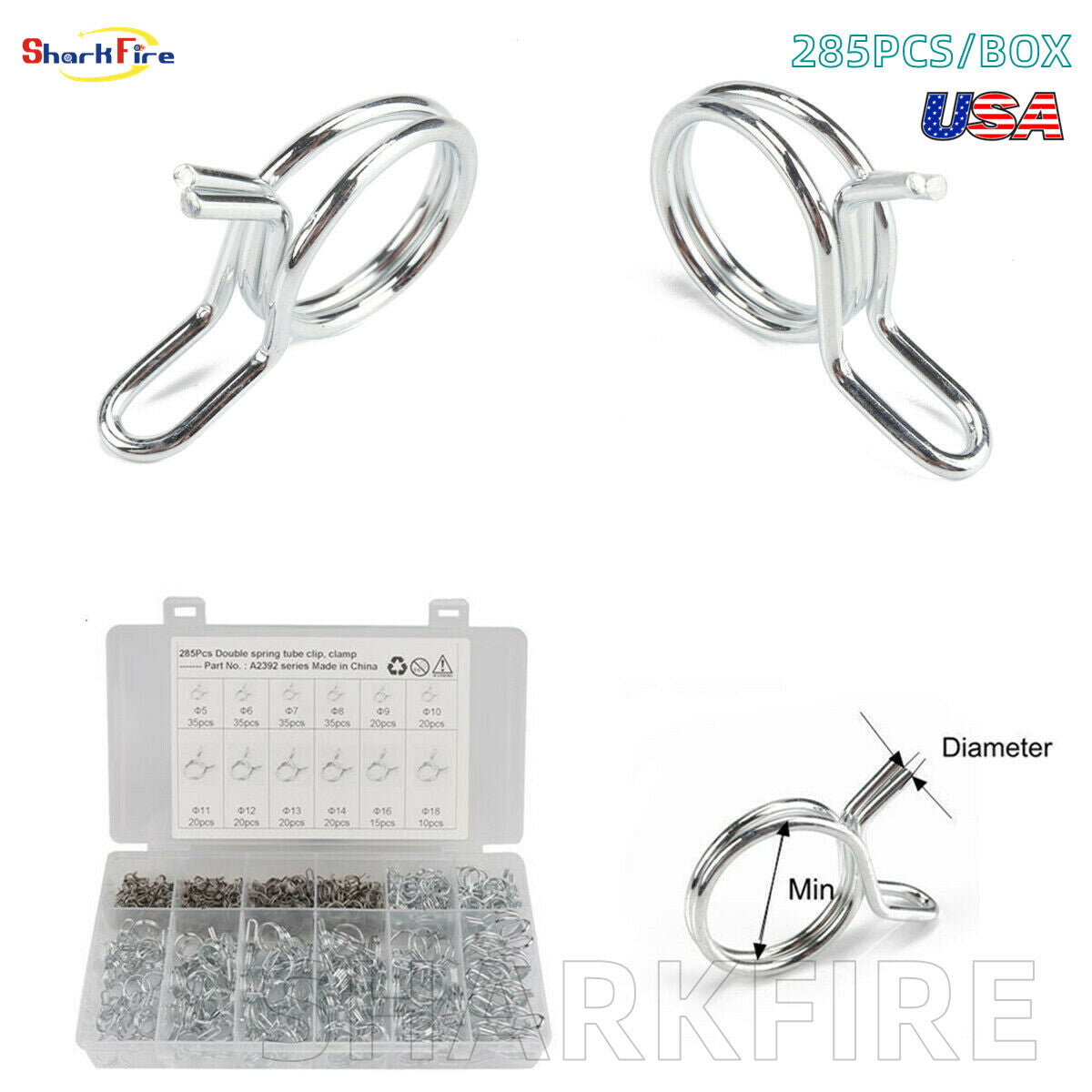285-piece pack of double-wire spring clips, silicone hoses, air fuel hose clamps