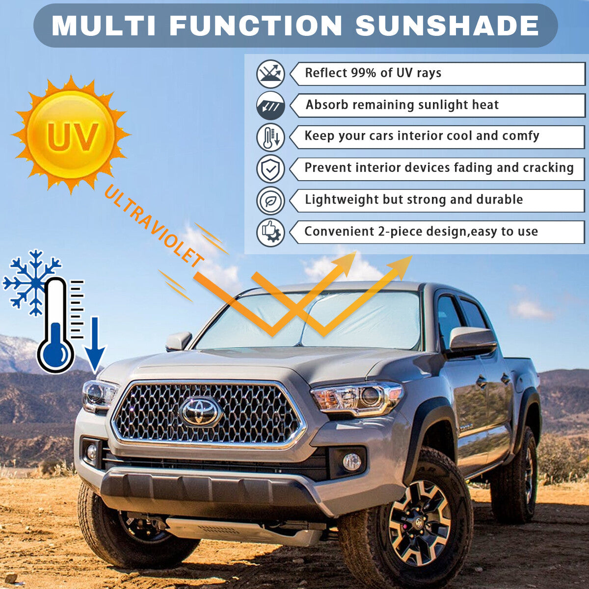 2. Suitable for automotive windshield sunshades and reflective window covers/sun visors. n