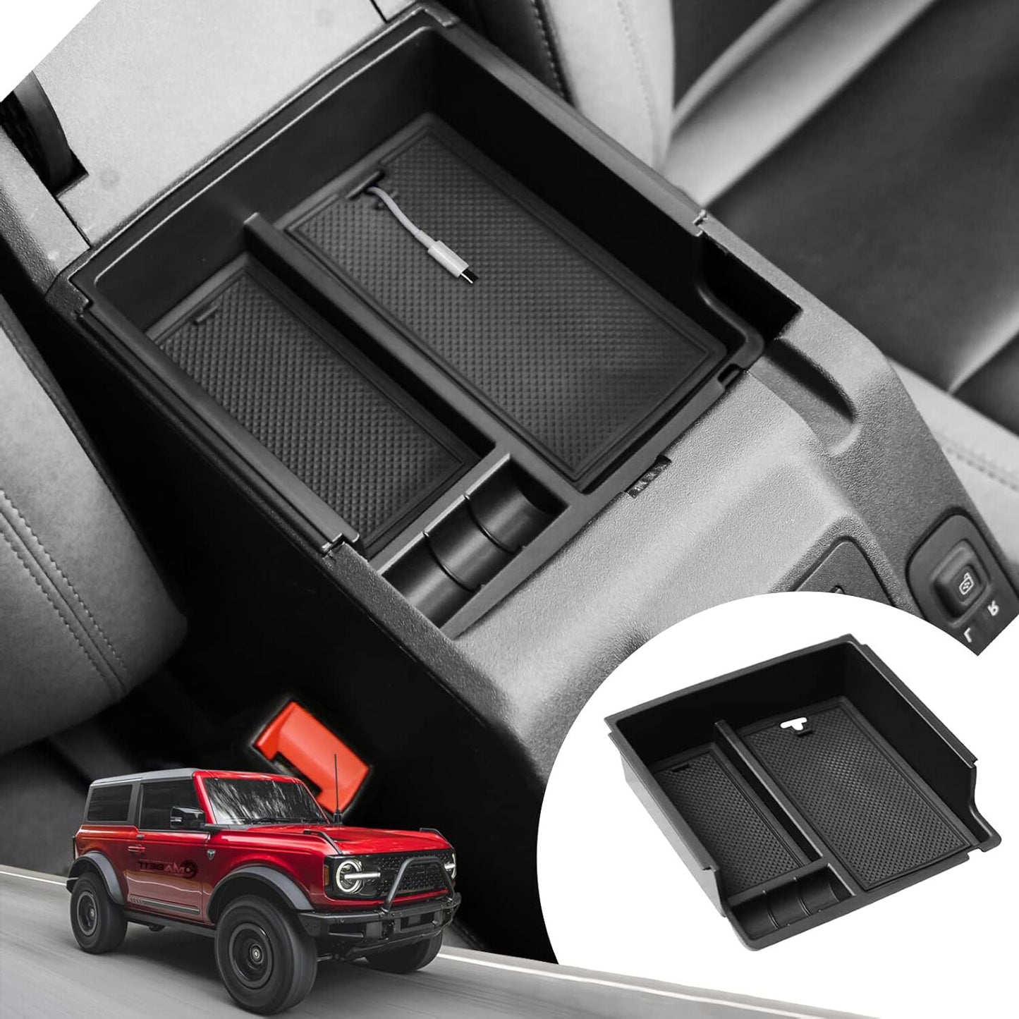 For 2021-2024  for ford  Bronco Center Console Armrest Lid Storage Box Organizer Black Q