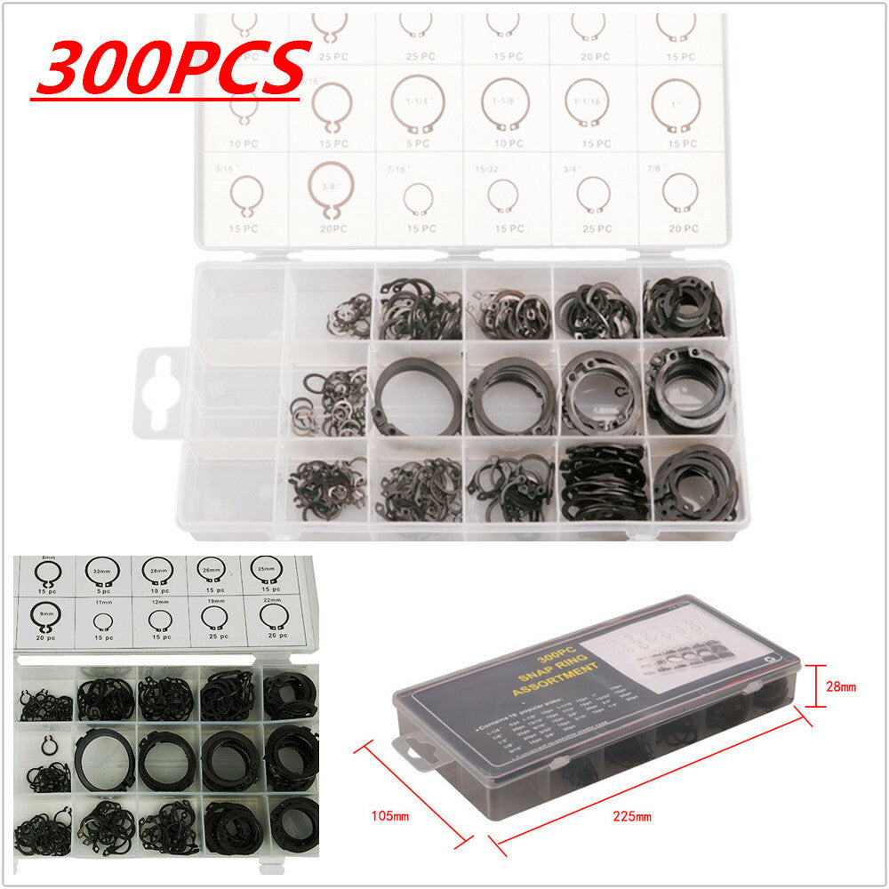 300-piece pack of buckle rings, categorized as fixing hooks, C-clamps, and external rings. n
