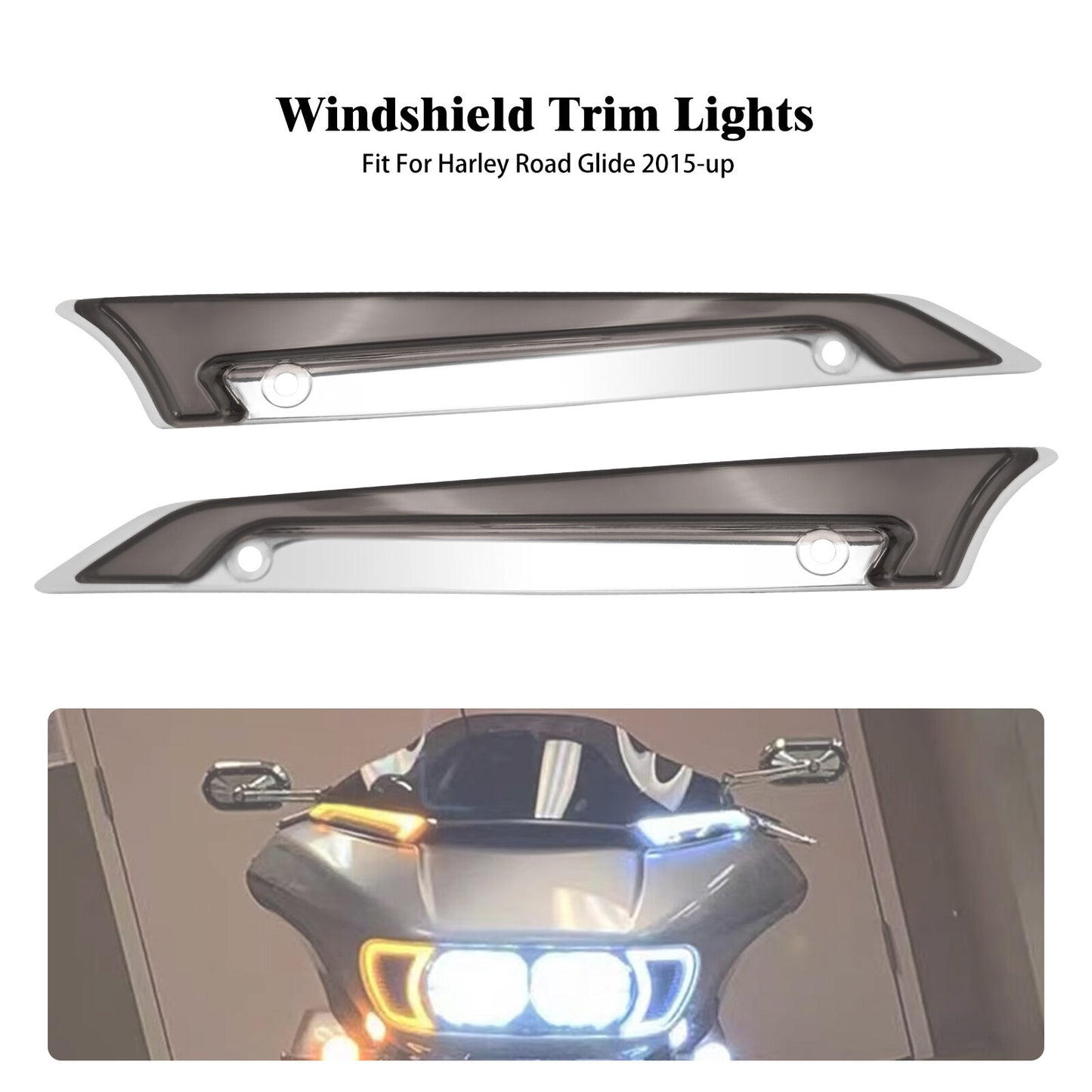 Chrome Windshield Trim LED Turn Signal Light w/ Smoke Lens for Harley Road Glide