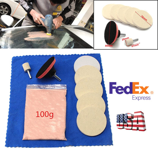 10 Pcs Car Glass Scrach Remover Polishing Kit Felt Pad 100g Cerium Oxide Powder