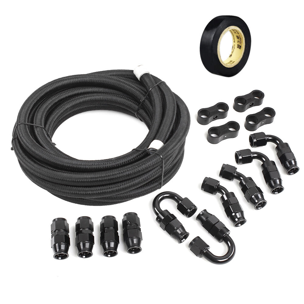 Black Nylon Braided E85 PTFE Fuel Line 20ft 14 Fittings Hose Kit 6AN 8AN 10AN Q