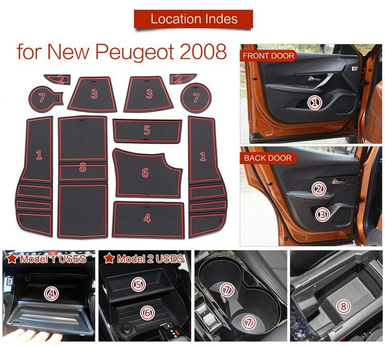 Anti-Slip Gate Slot Cup Mat for Peugeot 2008 e-2008 GT Line 2019 - 2024 RED