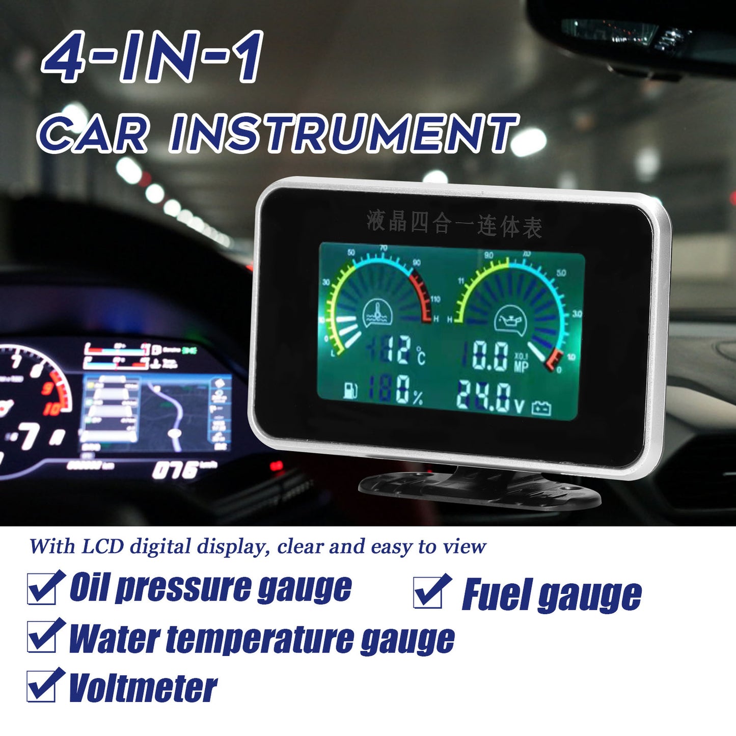 Digital Oil Pressure Voltmeter Water Temp Fuel Gauge w/ 1/8 NPT+10mm Sensor N5M4 Q