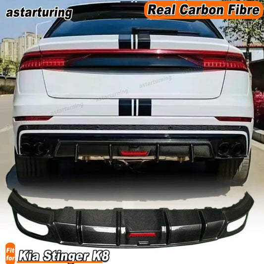 for Audi Q8 2019-2022 REAL Carbon Rear Bumper Diffuser Lip Spoiler W/ LED Light