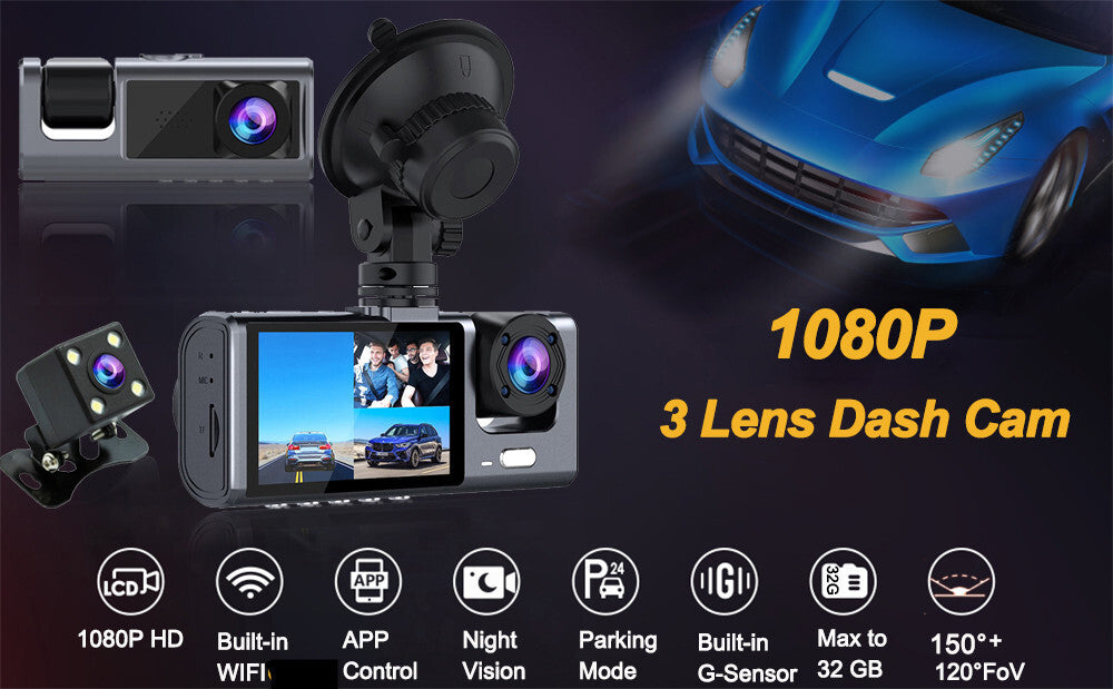 2in 3 Lens Car Dash Cam Front Rear Inside DVR Video Recording Parking Monitor