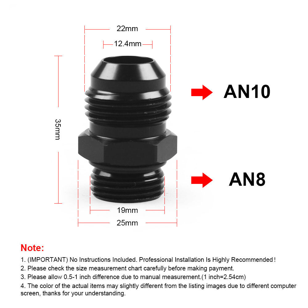 2-Pack Black ORB-8 O-ring Boss AN8 8AN to AN10 10AN Male Adapter Accessories Aluminum