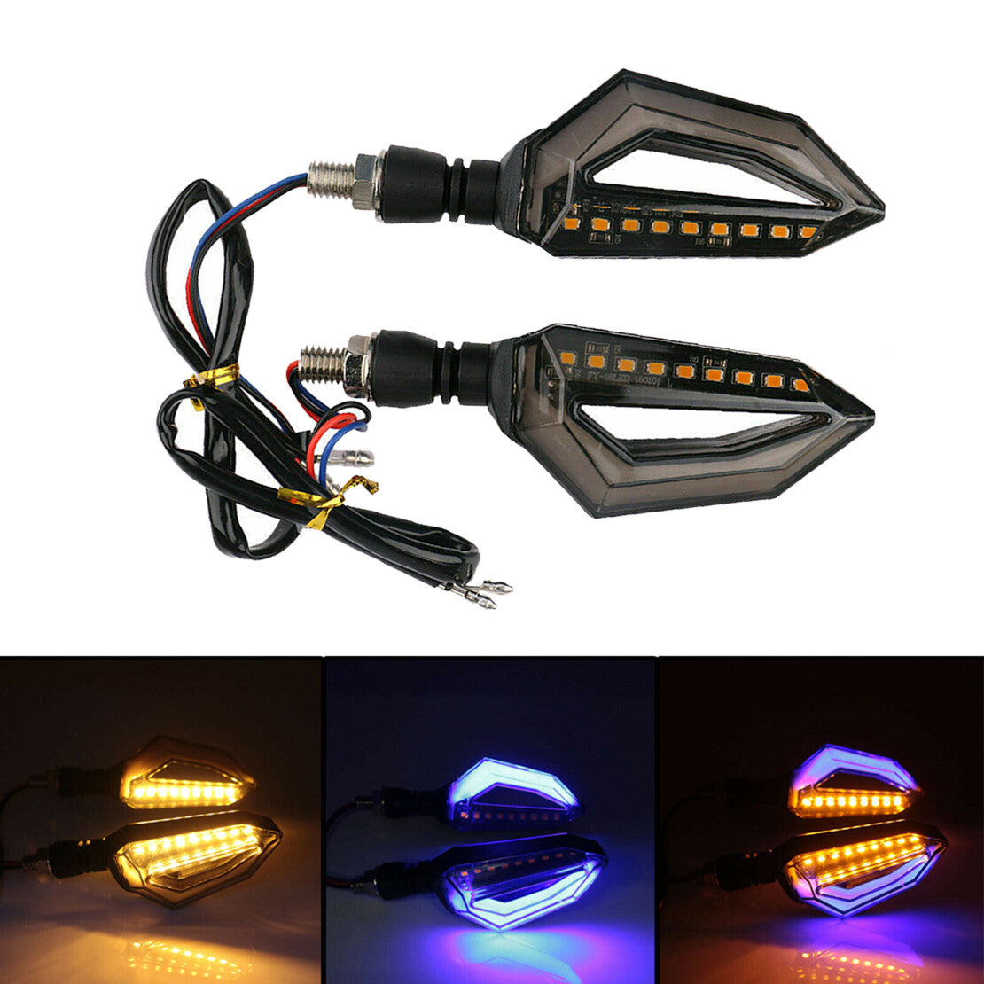 2X Motorcycle LED Turn Signal Sequential Flowing DRL Indicator Light Amber Blue v