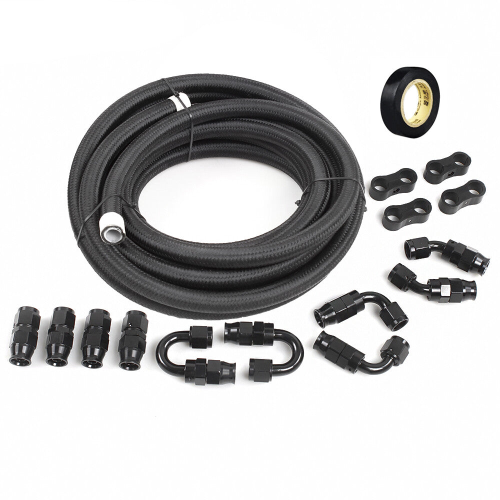 Black Nylon Braided E85 PTFE Fuel Line 20ft 14 Fittings Hose Kit 6AN 8AN 10AN Q
