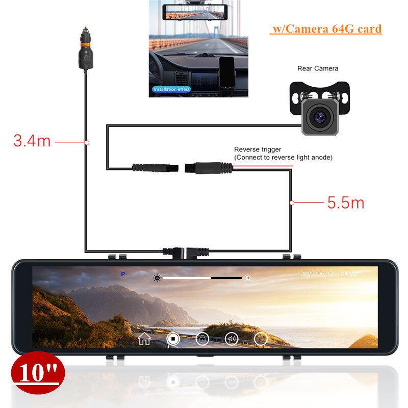 HD 10LCD Dual Lens Car SUV Rearview Mirror Dash Cam Recorder w/Camera 64G card v