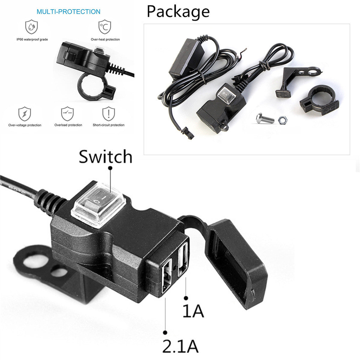 12V 3.1A Motorcycles Handlebar/Mirror Daul USB for Charger Outlet Socket With Switch Q