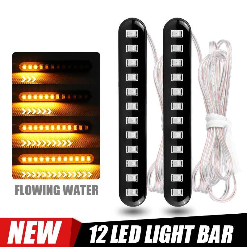 2X Sequential Flowing Motorcycle 12LED Light Strip Bar Turn Signal Amber Blinker