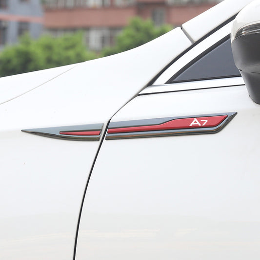 Metal stickers, badges, and decals for Audi A7 side fenders, red, 2-piece set.