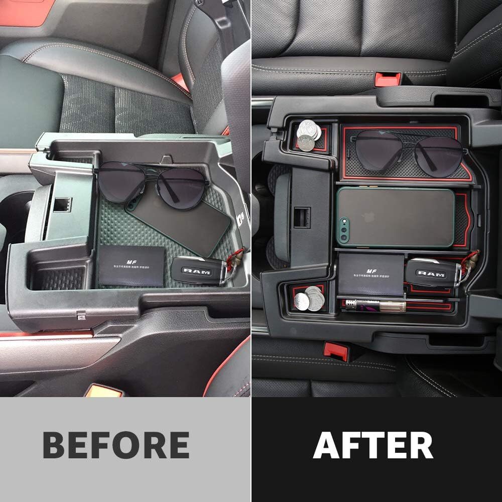 Center Console Organizer for 2019-2024 for RAM 1500 2500 Armrest Storage Box (Red) n